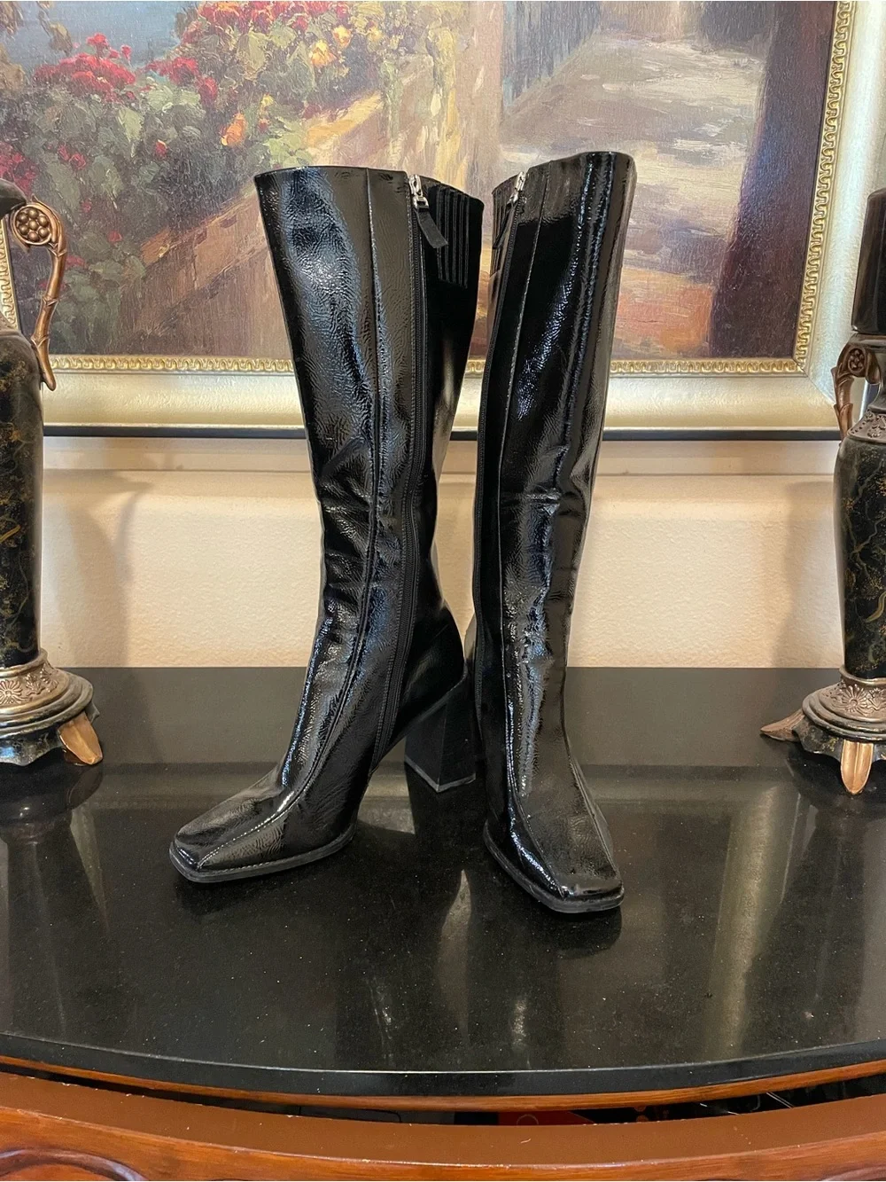 Princess Polly Black Patent Knee-High Block Heel Boots